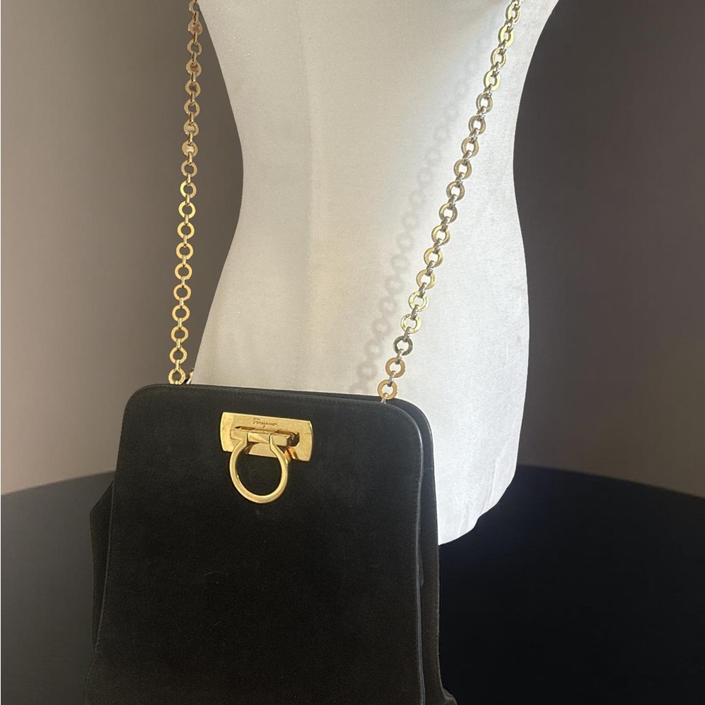 Vintage Ferragamo Gancini Shoulder - Crossbody Bag Gold Chain- Black -Gold Lock
